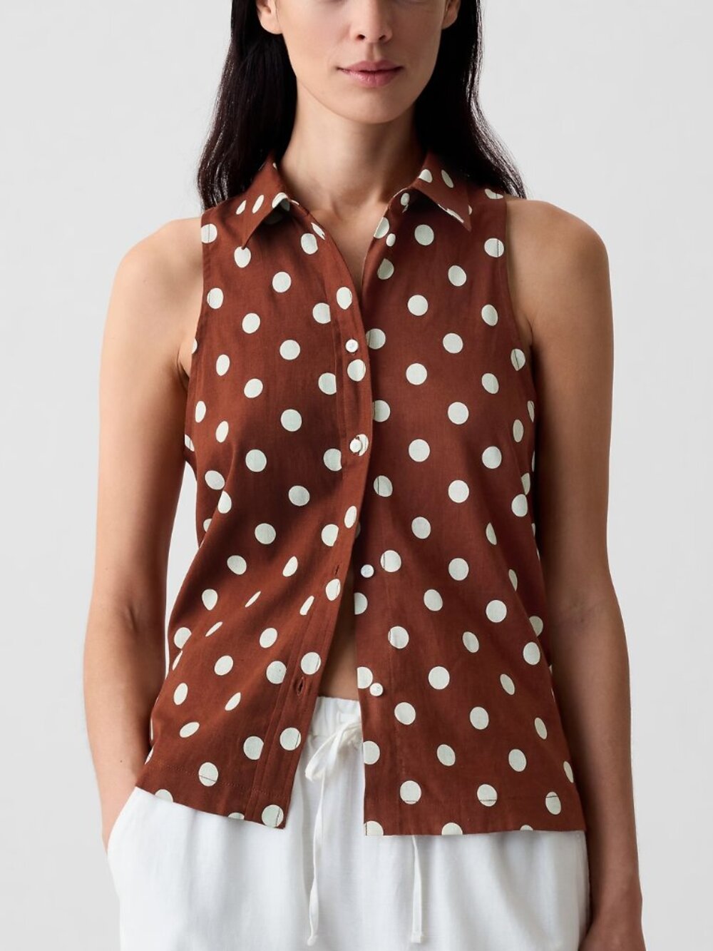 NWT Gap Women's Brown Polka Dot Linen-Blend Sleeveless Button-Down Shirt Top XXL